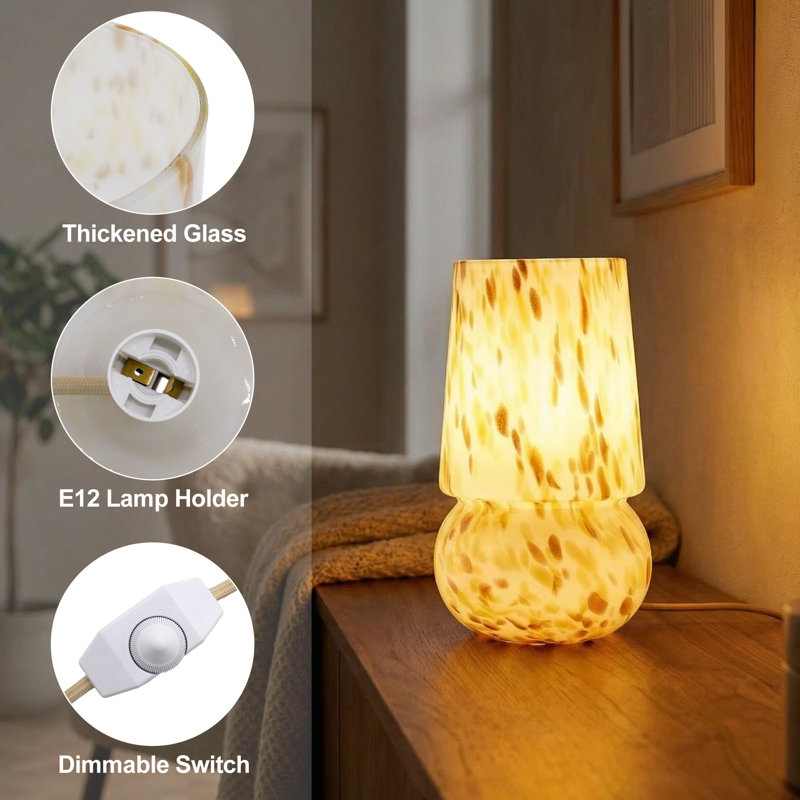 9.8'' Handcrafted Ambient Glass Mushroom Table Lamp with Dimmable Switch and E12 Lamp Holder, cULus Certified for Bedroom Nightstands, Living Room Side Tables, Home Offices Desks or Contemporary Decor