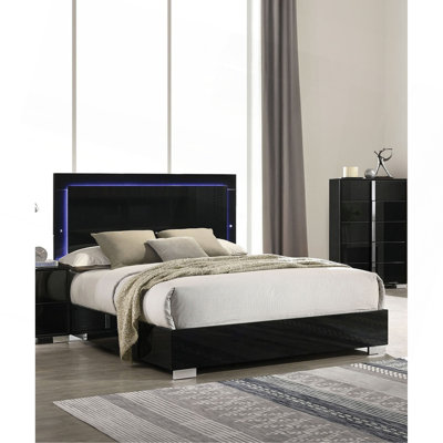 Contemporary Piano Black 1Pc Bed W LED Headboard UV Finish Bedframe Bedroom Furniture