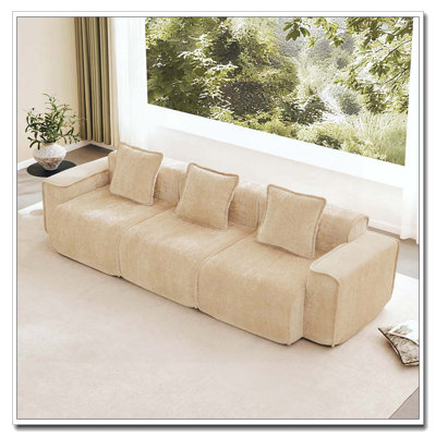 3 Seat Boneless Sofa with French Edge Piping,No Assembly Required, Modern Modular 3-Seat Sofa Couch with Throw Pillows