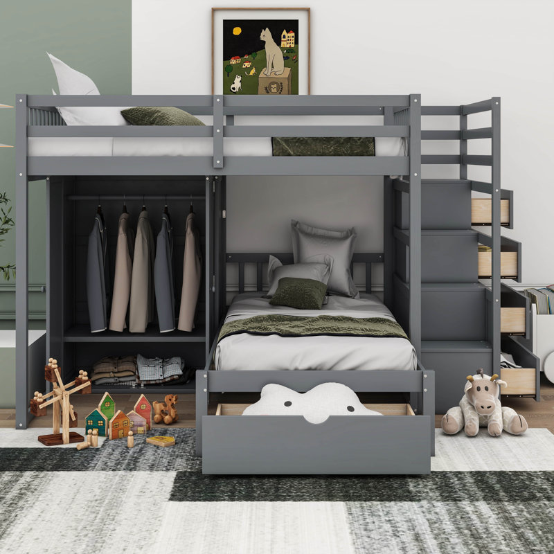 Jeroline Full Over Twin Bunk Bed with Wardrobe, Drawers, Gray