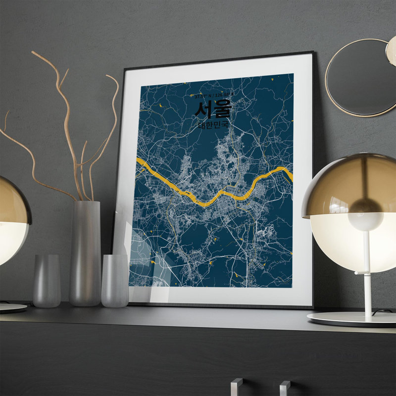 Séoul (coréen) - impression sur toile tendue, Bleu / jaune