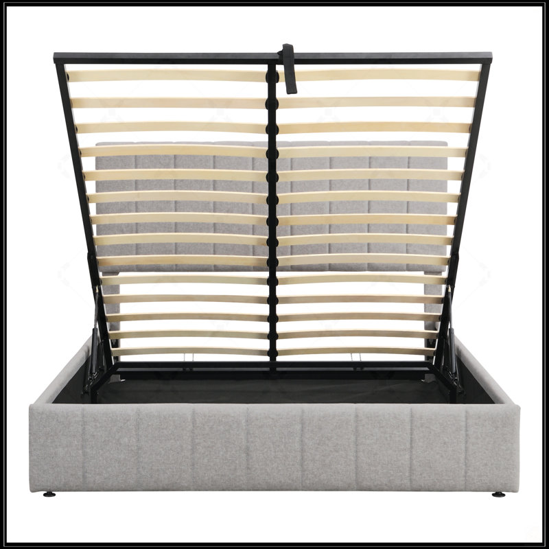 Grand lit plateforme tapissier avec système de rangement hydraulique - gris, Gris