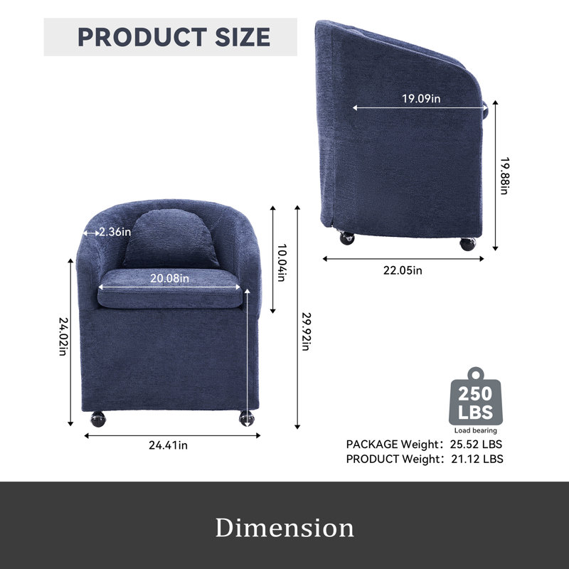 Ensemble de 1 fauteuil de salle à manger en chenille avec coussin de dossier et roues universelles, Bleu