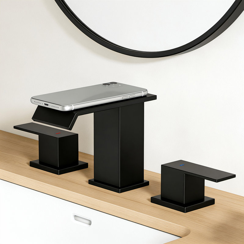 Robinet de salle de bain surdimensionné à 3 trous et 2 poignées avec drain, Noir mat