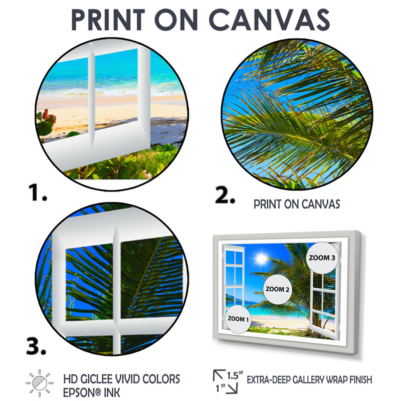 « Window Open to Beach with Palm » - impression d'art mural avec plage, impression sur toile avec plage et palmier