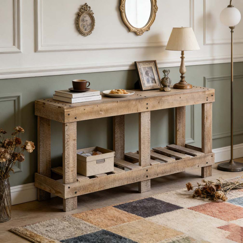 Vintage Entryway Table Fir Wood Natural Grain Reinforced Legs Thick Desktop Shelf, Natural