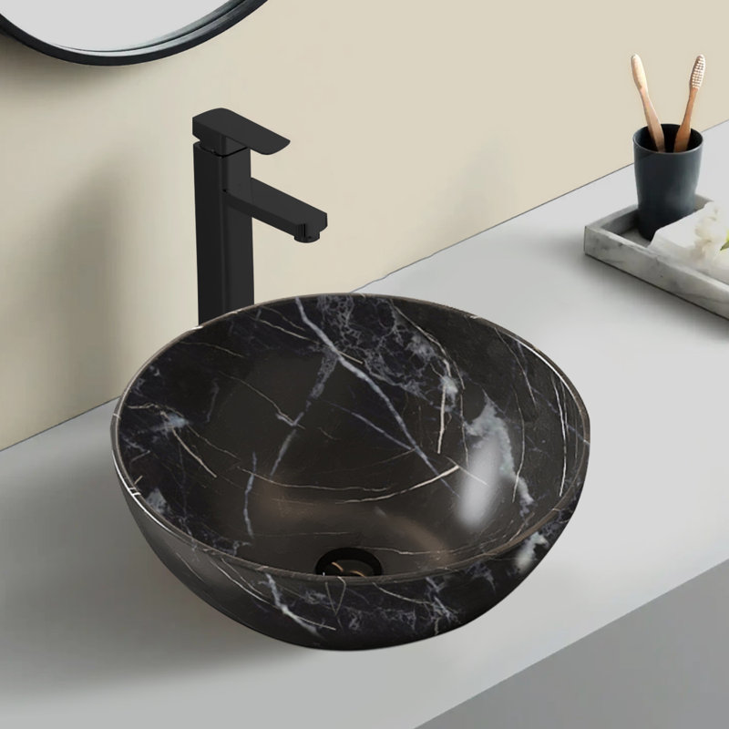 14'' Bathroom Bowl Ceramic Sink With Stone Pattern, No Faucet, Matte Black
