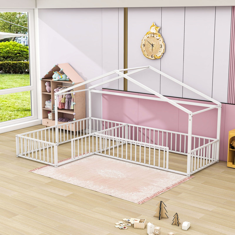 Metal Double Twin L-Shaped Floor Bed With Partitioned Guardrails, White