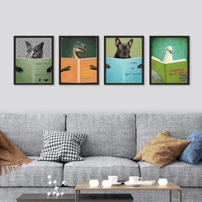 Chat, oiseau, dinosaure, chien, reproduction encadrée de 4 pièces