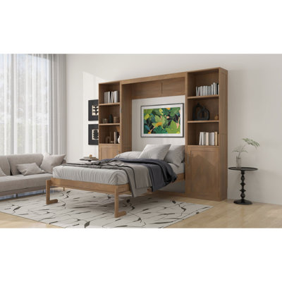 Grand lit escamotable en bois avec tablettes et armoires de rangement, couleur bois