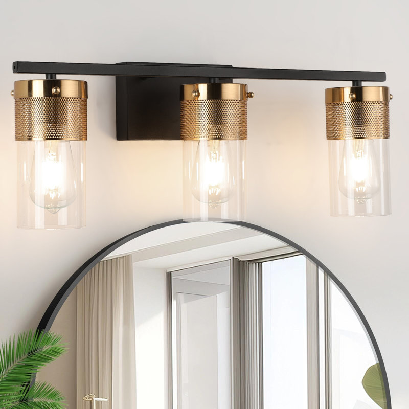 Black and Antique Brass Modern Vanity Light with Clear Glass Shade for Bathroom, 3 Lights