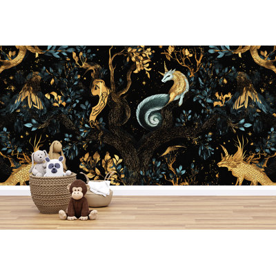 Papier peint Mythical Forest Creatures - Fantaisie avec une nuit étoilée et un arbre
