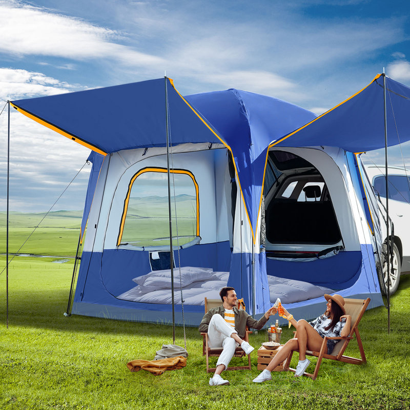Suv Tent For Camping,6-Person Car Camping Tent, Easy Set Up Tent With Porch And Storage Bag, White/Blue