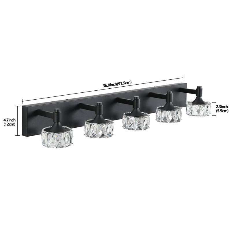Crystal Glass Shade Matte Black Led 5- Bathroom Vanity For Decor Sconce With 5 Shades Ambiance, 7.8" H x 36.91" W x 4.79" D