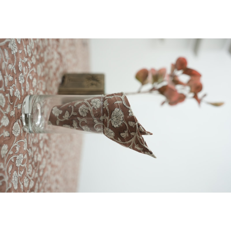 Fabdivine 18X18 Inch Hand Block Floral Print Table Napkin Himachal, Brown {Set of 8}