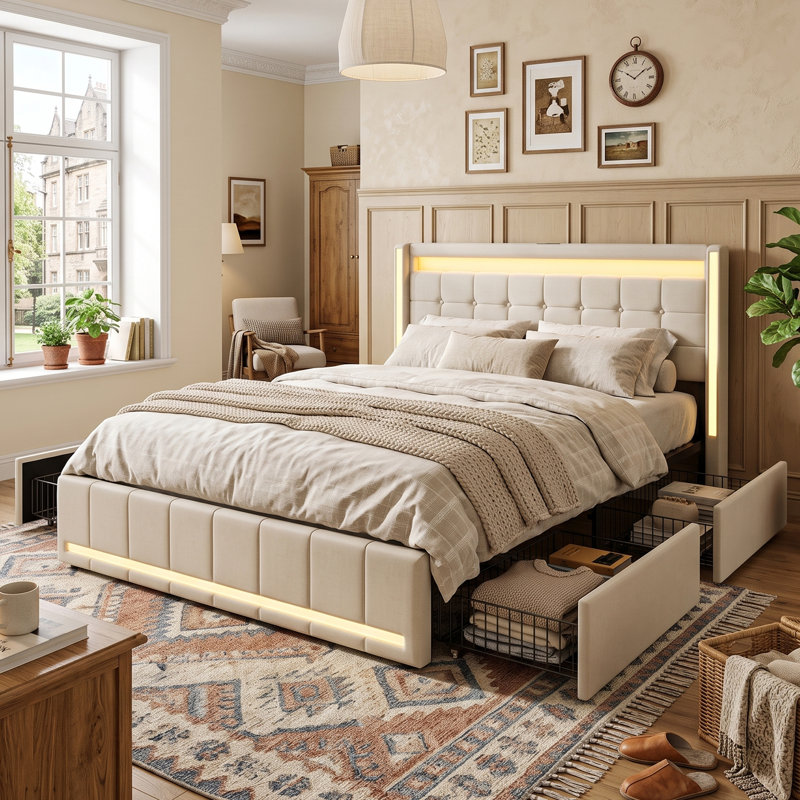 UK&EU Size Smart Linen Bed Frame with App-Controlled LED Lights, Upholstered Storage Bed with 4 Drawers & USB Charging Station, Grey & Beige