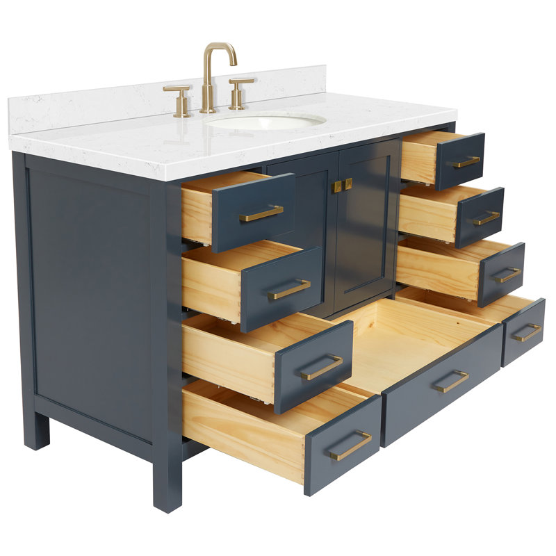 Cambridge 54.25'' Single Bathroom Vanity with Carrara Quartz Top, Midnight Blue/Satin Brass