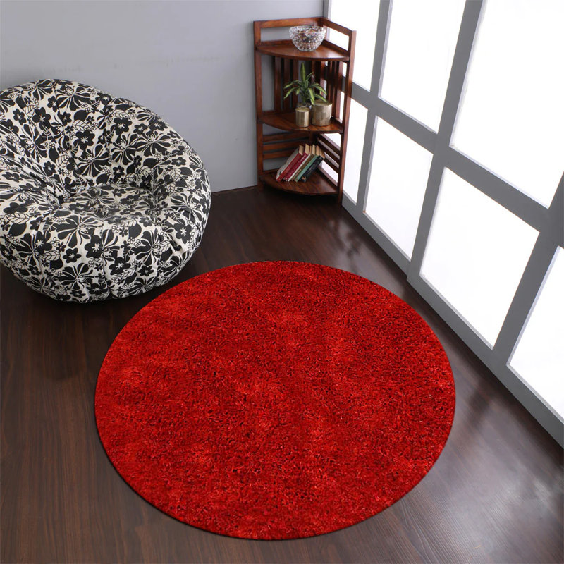 Predmore HAND TUFTED SHAG POLYESTER ECO-FRIENDLY AREA RUGS : Round | Red Colour | Solid Design | Area Rugs for living room, Bedroom