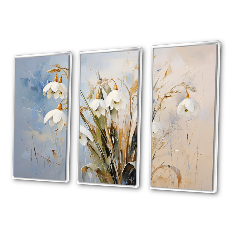 «White and Blue Snowdrops Simplicity II», ensemble d'art mural Snowdrops, Cadre flottant blanc, H 32 po x l 48 po x P 1 po