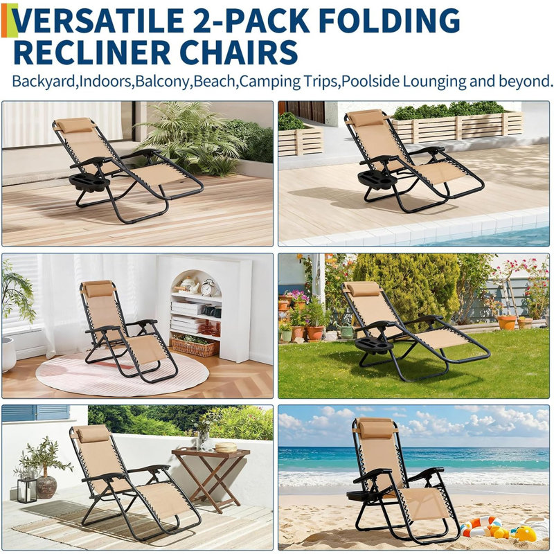 Set of 2 Patio Lounge Chairs – Outdoor Recliner with Side Tray & Headrest, Heavy-Duty Steel Mesh Folding Chairs for Poolside, Beach, Backyard, Deck