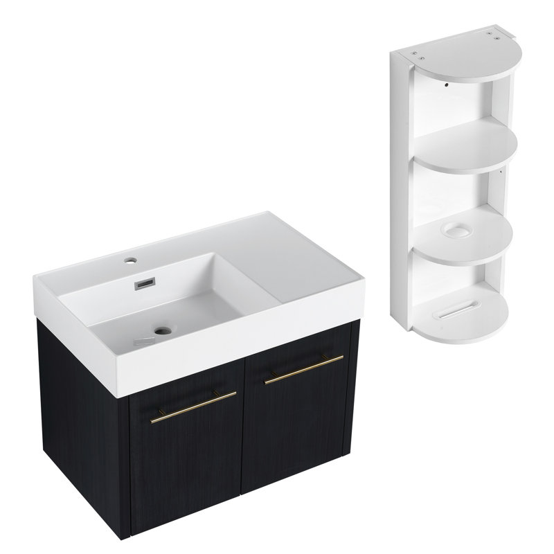 Armoire de salle de bain de 30 pouces avec lavabo en résine à rebords épais, capacité de rangement à double porte, charnières à fermeture en douceur, et trois supports séparés, meuble-lavabo de couleur châtaignier noir, espace, assorti
