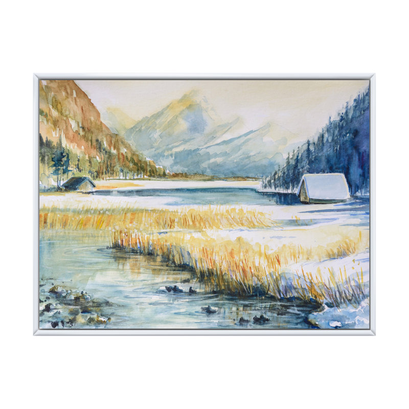 Paysage avec montagne bleue et rivière - Peinture sur toile, H 12 po x l 20 po x P 1 po, Cadre flottant blanc