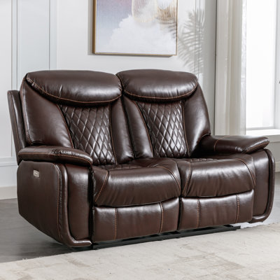 Saneela 62.6'' Wide Diamond Stitching Breathable Leather Power Reclining Loveseat with USB