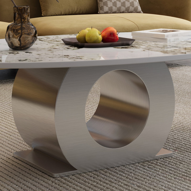 Table basse moderne en pierre frittée 49,2 po avec base en O en acier inoxydable - H 15,6 po