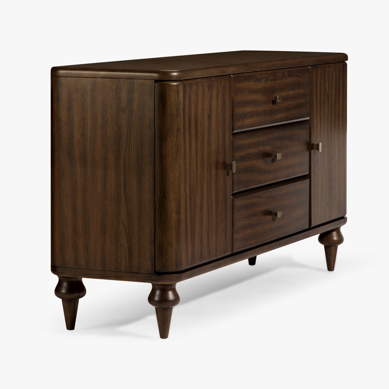 Louie Rectangular Buffet Sideboard Cabinet Walnut Finish with Curved Sides and Turned Legs for Dining Storage