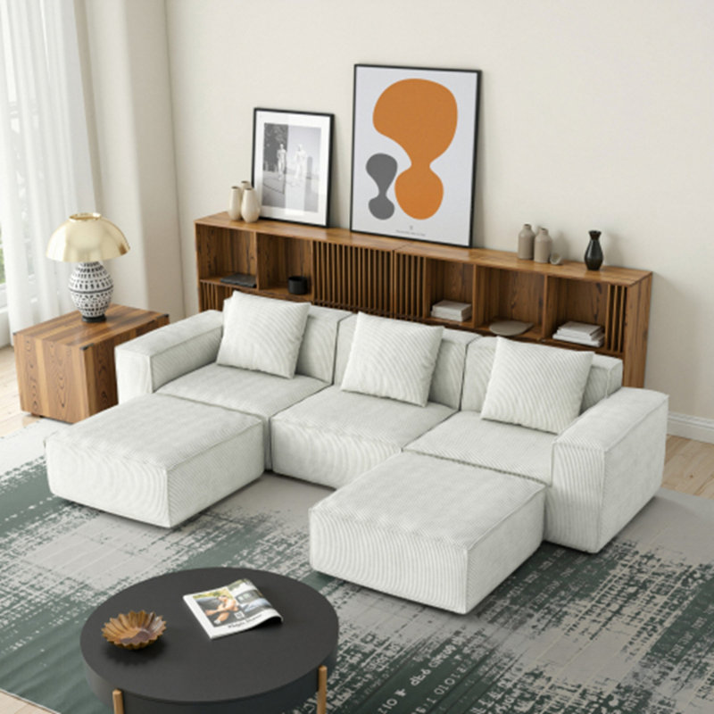 Le canapé modulaire peut être converti en repose-pieds surdimensionné  , Velours côtelé blanc