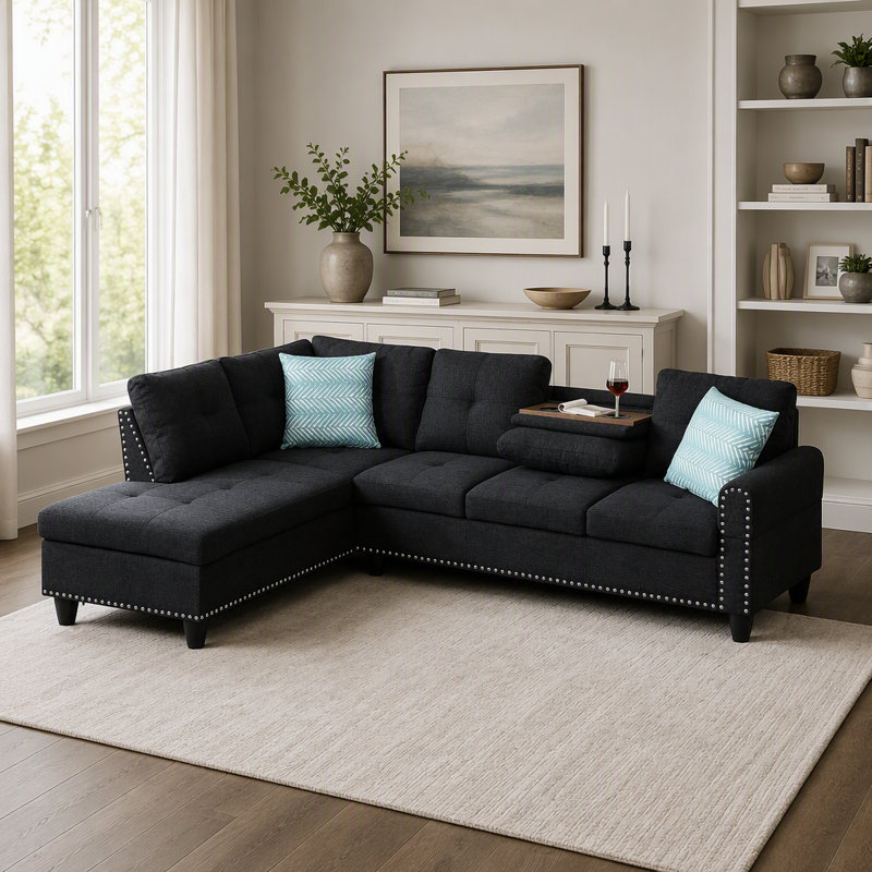 Canapé d'angle 2 pièces orné de rivets, idéal pour les soirées cinéma, avec porte-gobelets escamotables et pouf de rangement