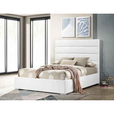 Lit double tapissier double avec tête de lit horizontale blanche, système de support à lattes, bois d'ingénierie et métal, capitonnage moderne, cadre de conception