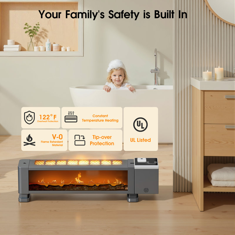 1800w Electric Baseboard Heater With Realistic 3d Flame, Remote Control, 12h Timer, Adjustable Thermostat, Quiet Portable Indoor Space Heater For Bedroom Home