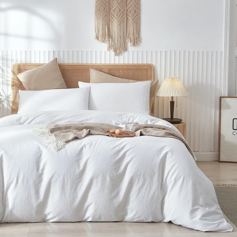 Ensemble de housse de couette 100% coton délavé LifeTown, Housse de couette double et 2 taies d'oreiller, Blanc brillant