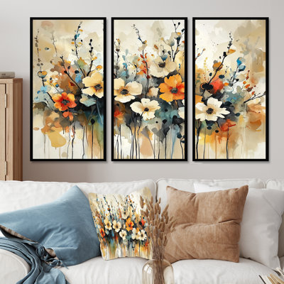 Fleurs sauvages et symphonie abstraite II - art mural fleurs sauvages - ensemble de 3