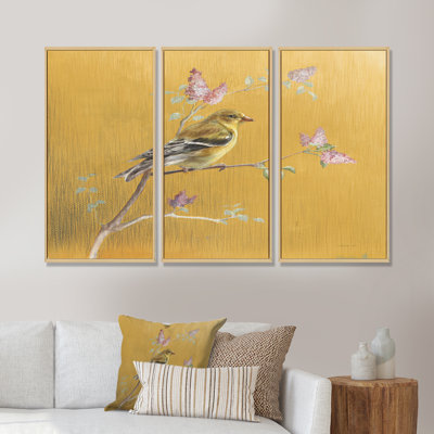 «Gold Bird On Blossoms III - Farmhouse», ensemble d'art mural sur toile encadrée