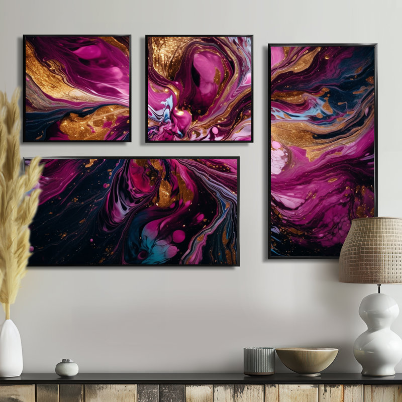 L'essence de la fluidité II - art mural moderne rouge 4 pièces, Impression encadrée sans passe-partout, Noir