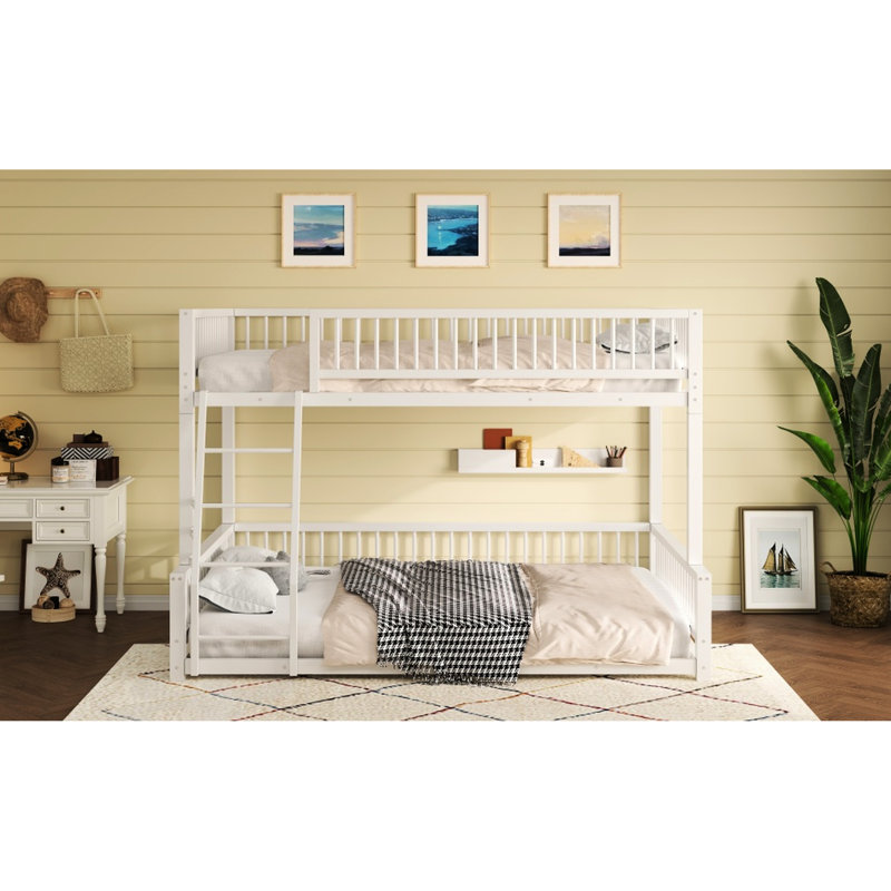 White Full Xl Over Queen Bunk Bed, Easy Assembly, Metal Slats, Space - Saving Solution Heavy Duty And Rust Proof, Guardrails For ,
