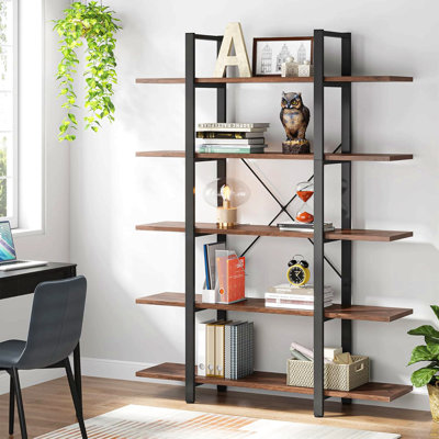 70.07" Height 5-Tier Vintage Industrial Rustic Brown Bookshelf 47" Wide for Home &  Office