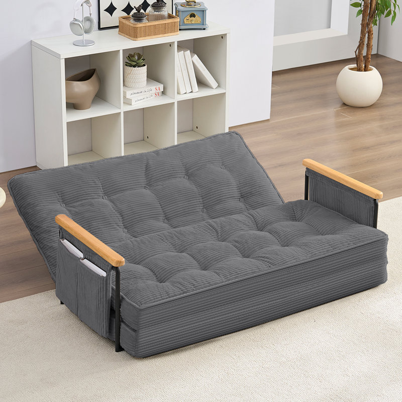 2-in-1 Convertible Loveseat Recliner with Wooden Arms & Side Pockets, Gray
