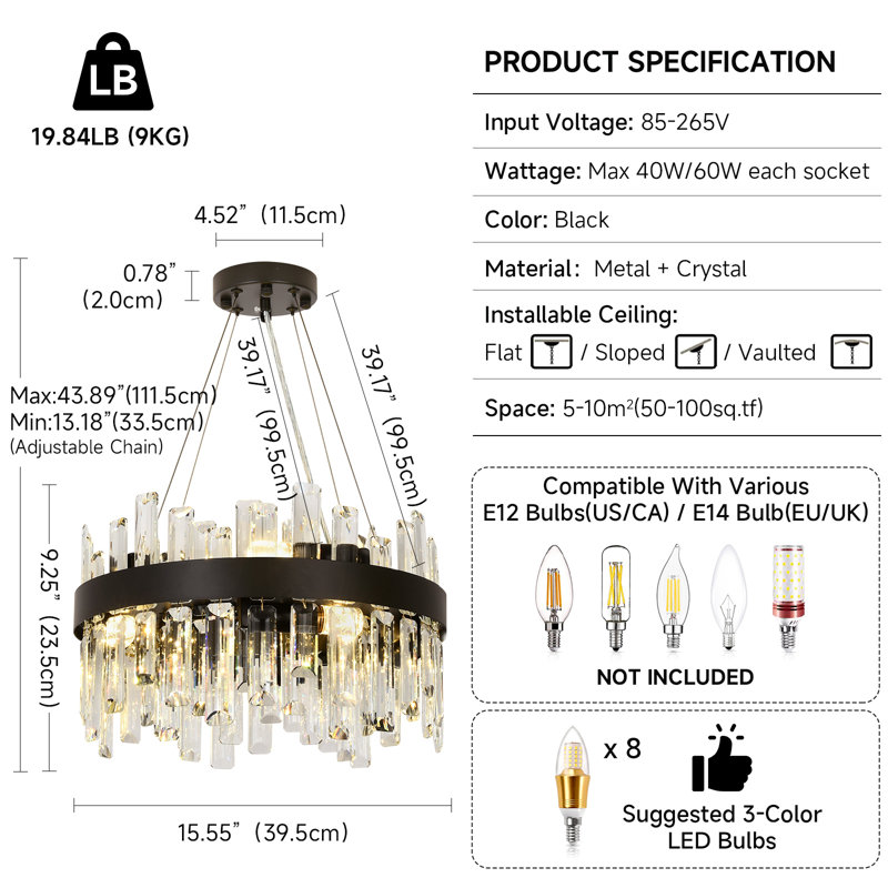 Bartolome Crystal Chandelier, 24cm H x 40cm W x 40cm D, 8 Lights, Matte Black