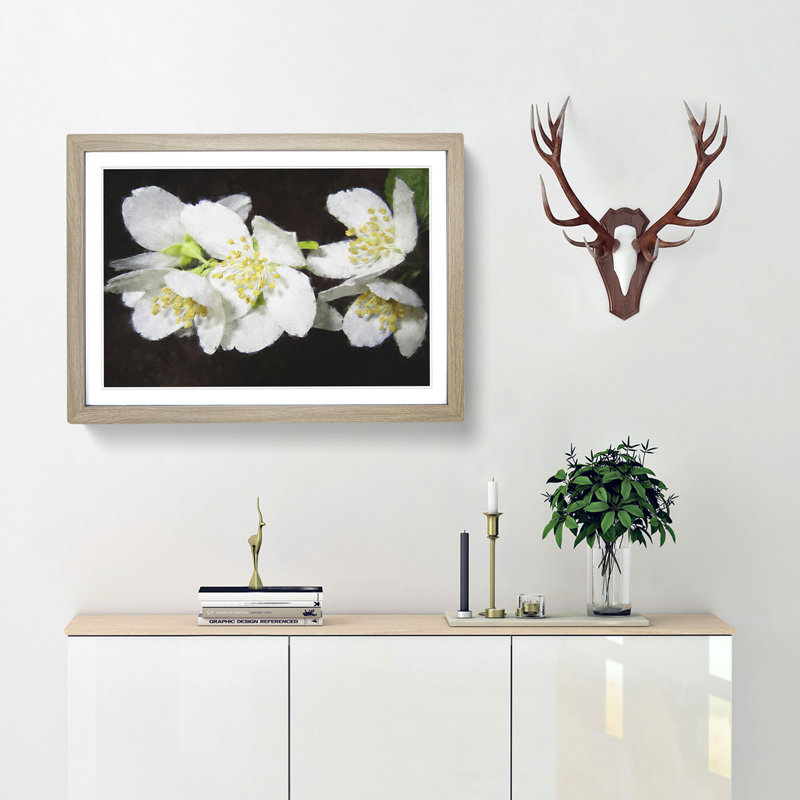 White Jasmine Flowers Painting - Framed Print, Oak, 24cm H x 33cm W x 2cm D