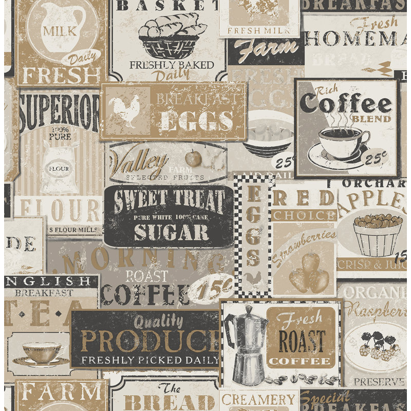 Kitchen Recipes Tea and Coffee Labels 32.8' L x 21" W Wallpaper Roll, Black