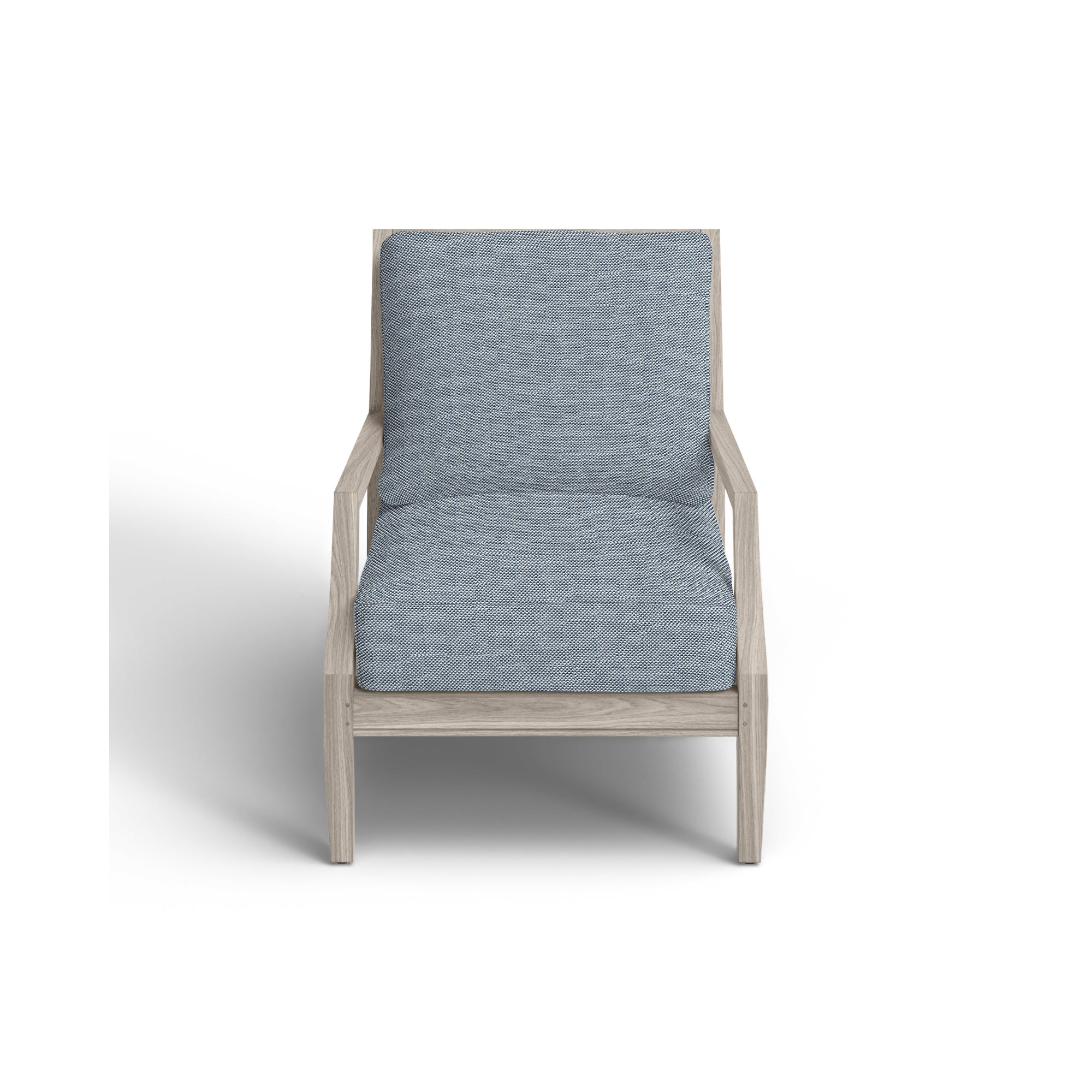 Haley Teak Outdoor Lounge Chair Latticework Back, Oyster Teak, No welt + Standard fill, Rollo Chambray InsideOut® Linen