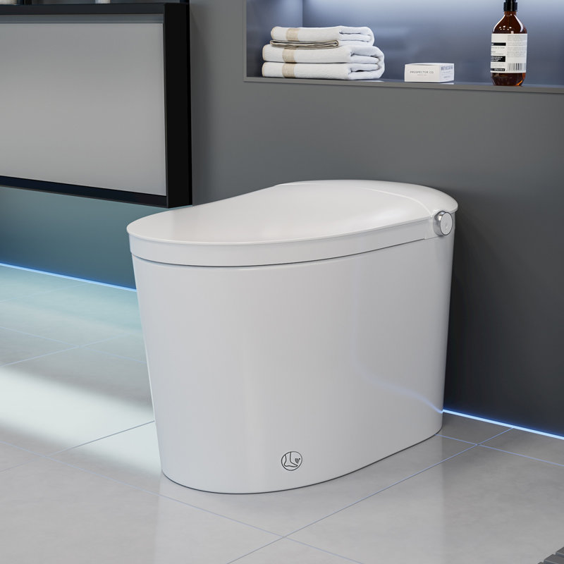 Toilette intelligente sans réservoir une pièce avec siège de bidet intégré, siège à ouverture / fermeture automatique, température réglable, capteur de pied, eau chaude et sécheuse, poignée latérale avec plusieurs commandes