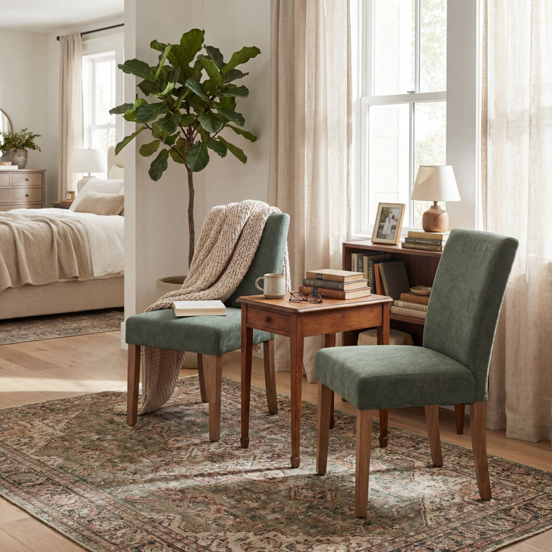Chaise rembourrée en bois, Vert olive