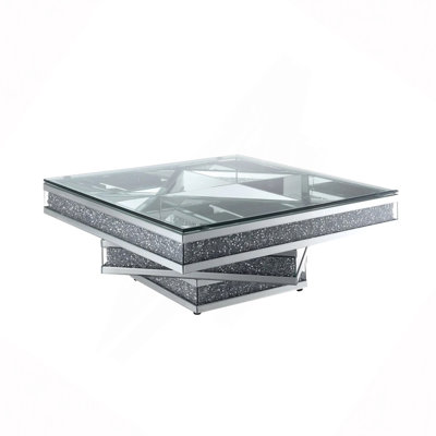 Modern Glam Mirrored Glass Coffee Table with Acrylic diamond Square Three-layer Centre Table Living room furniture