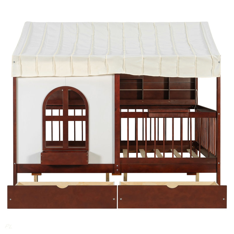 Lit House avec 2 grands tiroirs, bibliothèque latérale avec bande DEL, Espresso