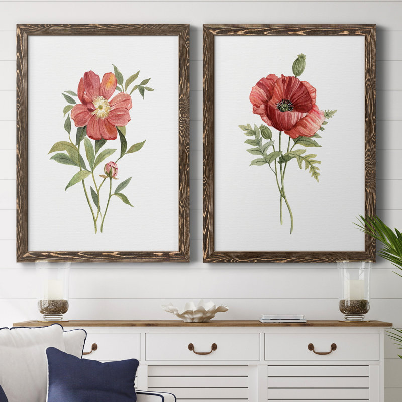 Pivoine écarlate - ensemble de 2 reproductions d'art, H 44 po x l 31 po x P 1 po, Toile avec cadre en noyer, Pas de tapis