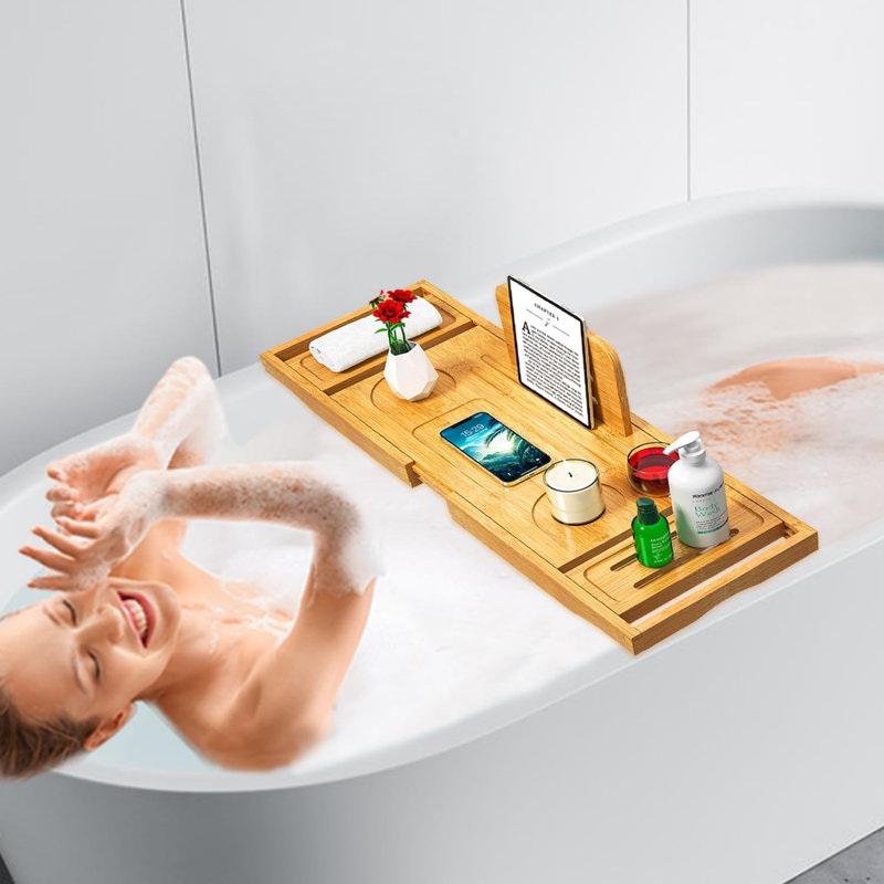 Plateau de baignoire - Plateau de bain - Plateau de baignoire - Plateau de table de bain en bambou pour baignoire - Taille extensible, s'adapte à la plupart des baignoires